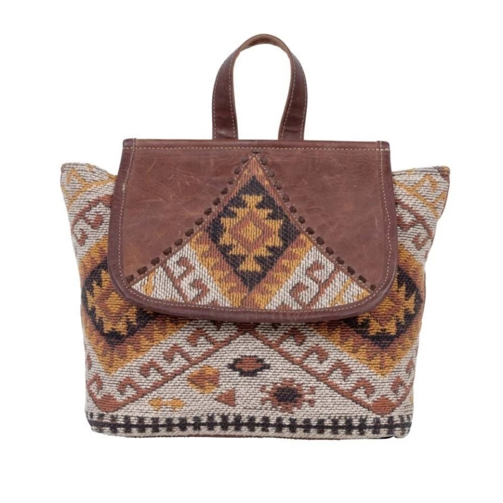 Myra Bag Handmade Terreous  Backpack Upcycled Canvas & Cowhide Leather